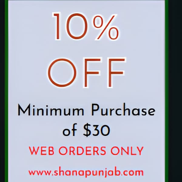 A Shan-E-Panjab advertisement for 10% off web orders with a minimum purchase of $30.
