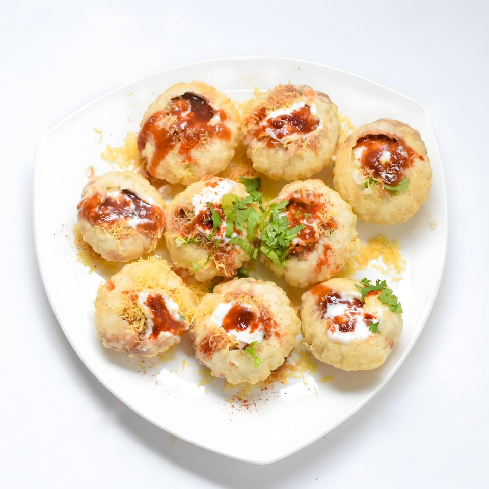 A white plate holds nine Indian pani puri, filled with sauces, spices, and cilantro.