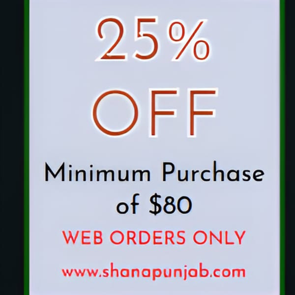 A promotional image for Shan-E-Panjab offering 25% off web orders with a minimum purchase of $80.